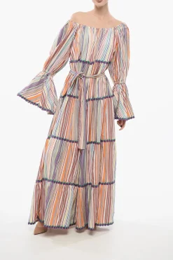 Vestito Lungo A Righe Con Maniche Pouf E Dettagli Ricamati>Flora Sardalos Fashion