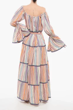 Vestito Lungo A Righe Con Maniche Pouf E Dettagli Ricamati>Flora Sardalos Fashion
