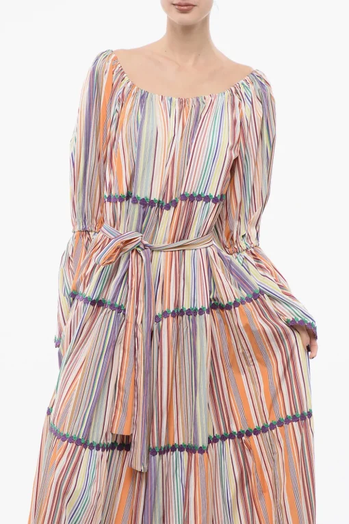 Vestito Lungo A Righe Con Maniche Pouf E Dettagli Ricamati>Flora Sardalos Fashion