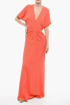 Vestito Lungo In Misto Seta Con Collo A V E Maniche A farfalla>Super Blond Discount