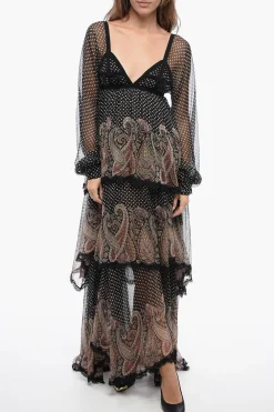 New Vestito Poins a Balze in Chiffon con Applicazioni Donna Vestiti